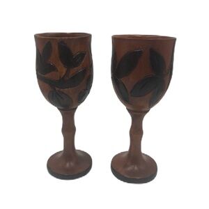 Vintage Hand Carved Wood Goblets Floral Design Collectible Set of 2